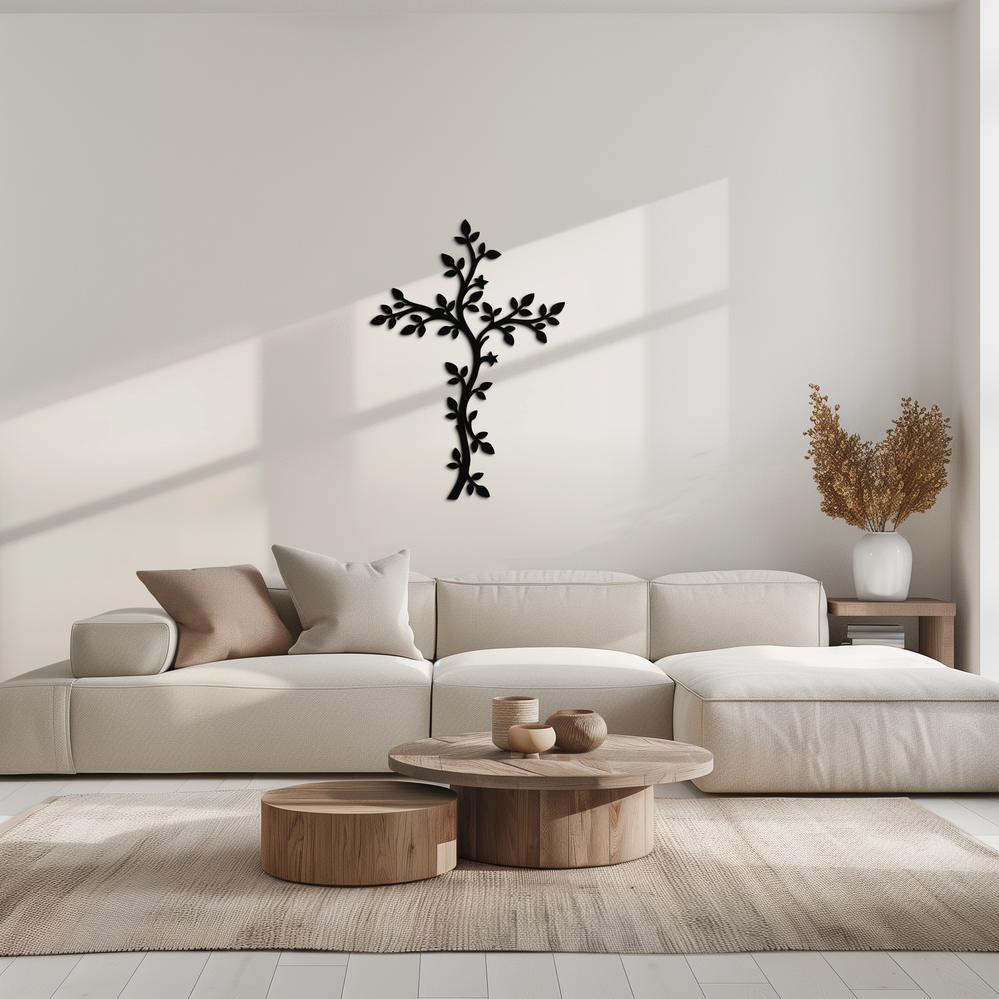 Metal cross wall art with vine and leaves, black finish