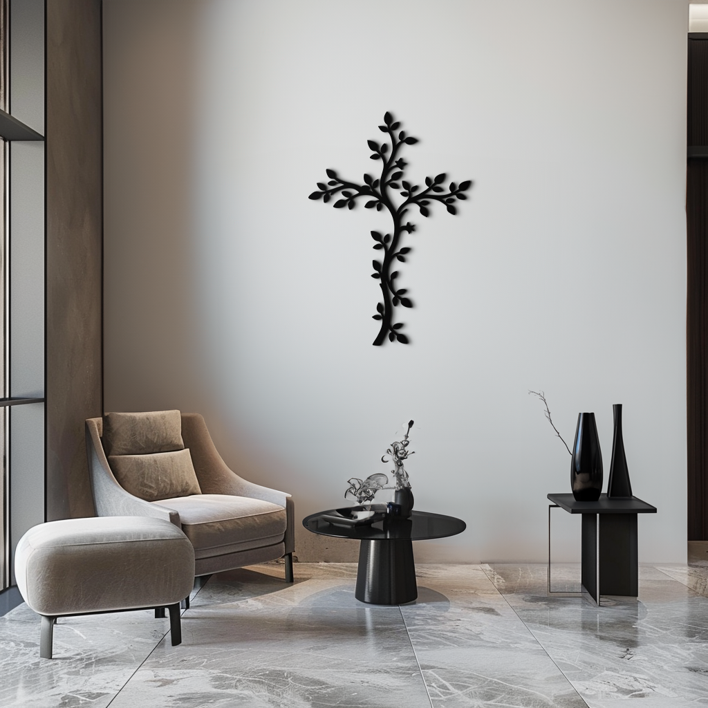 Metal cross wall art with vine and leaf pattern, black finish