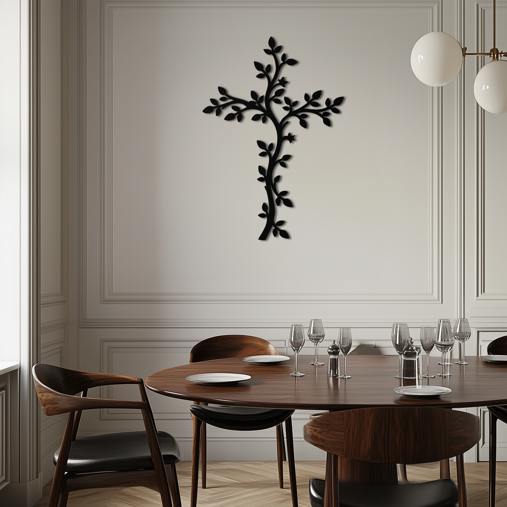 Metal cross wall art with branching leaf silhouette, black finish