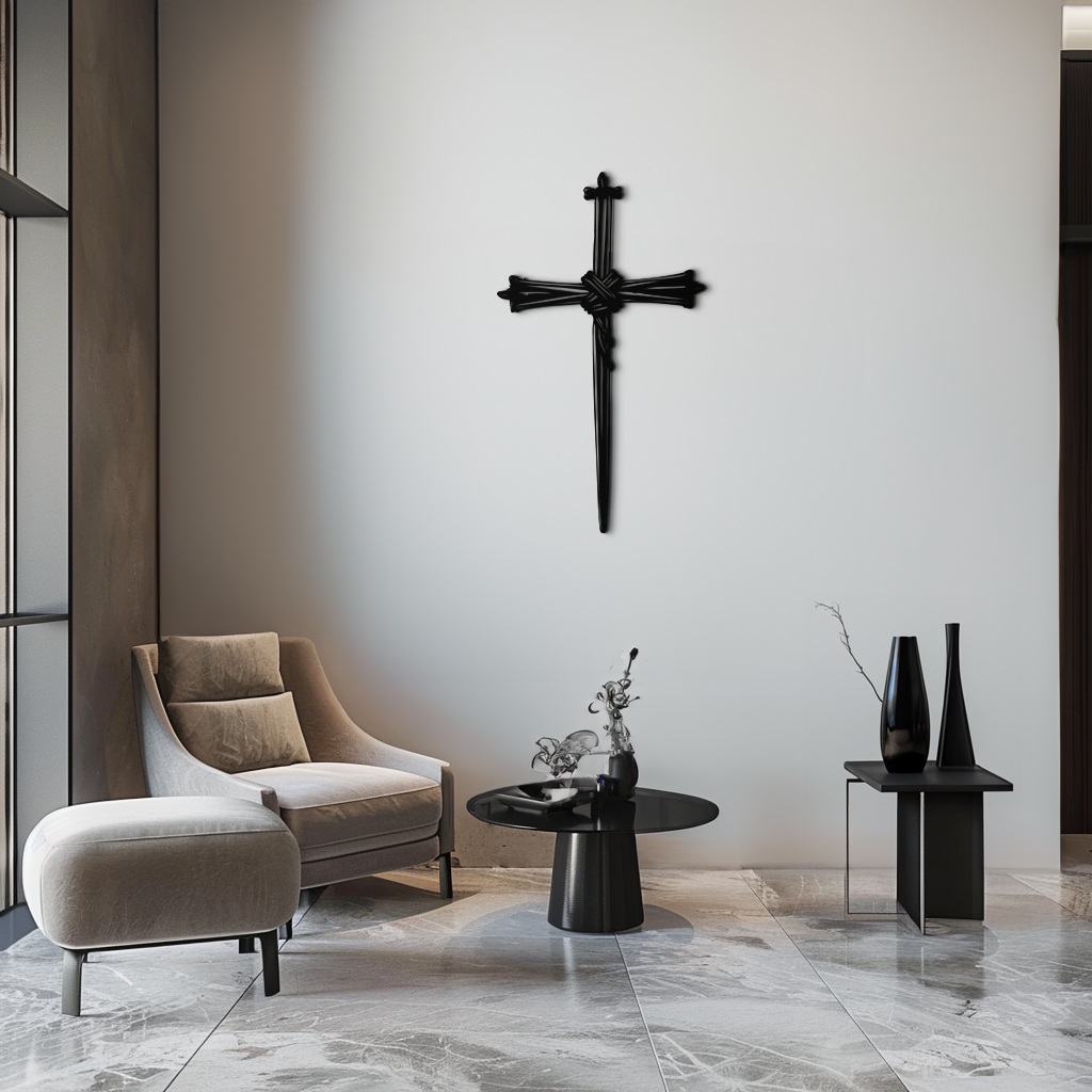 Black barbed wire cross metal wall art, centered on wall