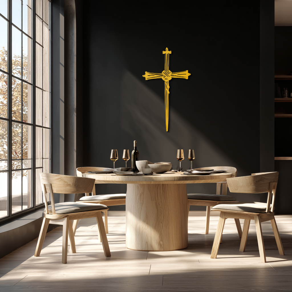 Gold metal cross wall art with barbed detail