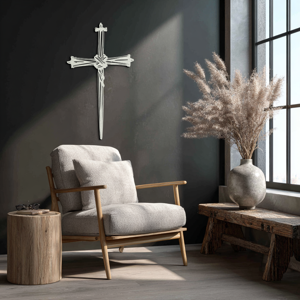 White metal cross wall art with barbed detail