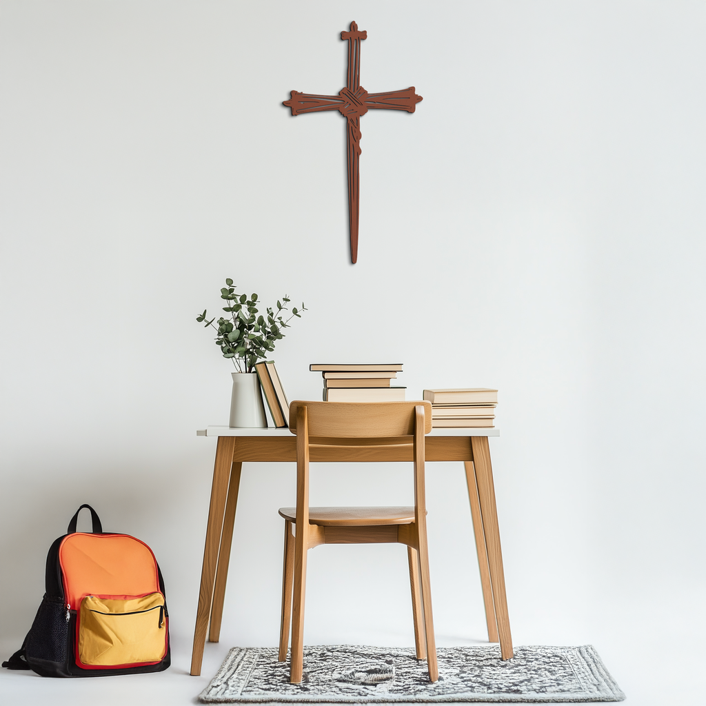 Brown metal cross wall art with barbed detail