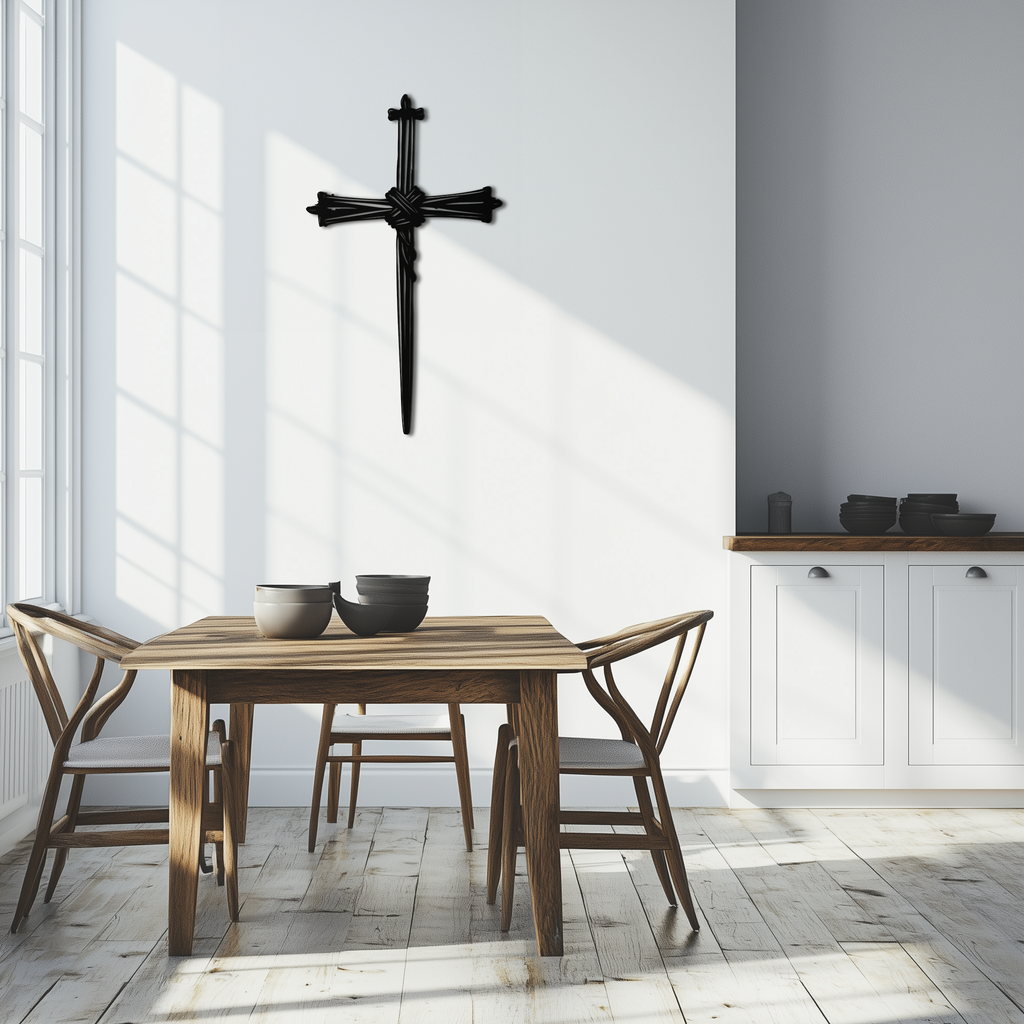 Black barbed wire cross metal wall art, hanging wall cross