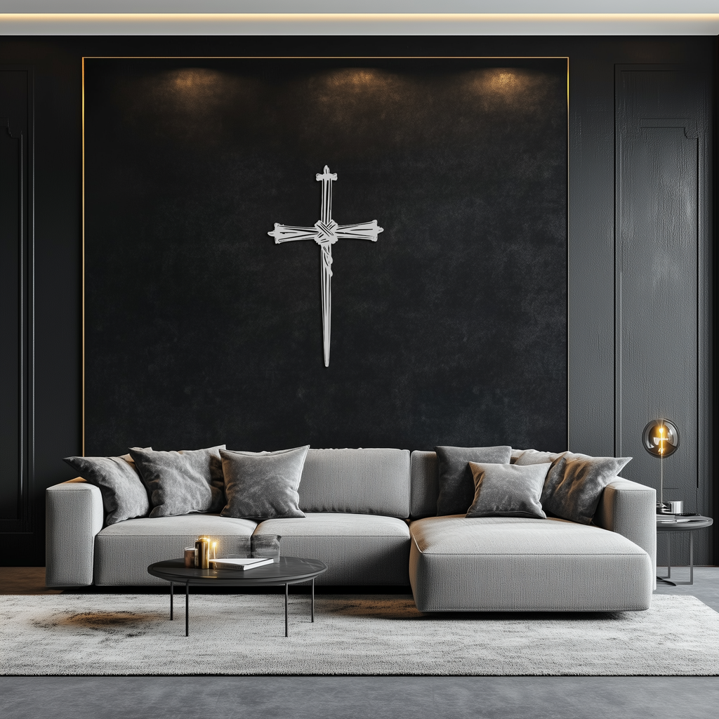 Silver barbed wire cross metal wall art with pointed center