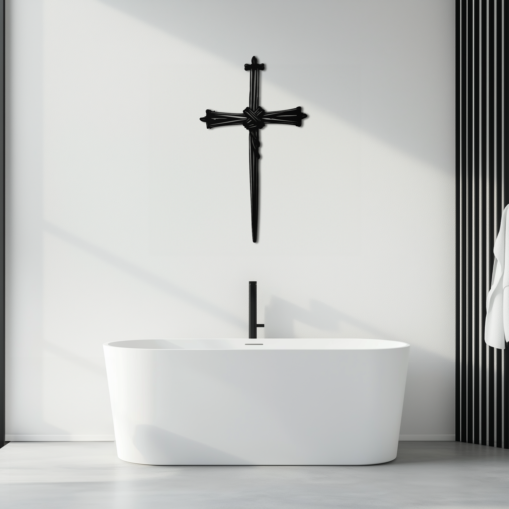 Black barbed wire cross metal wall art above white bathtub