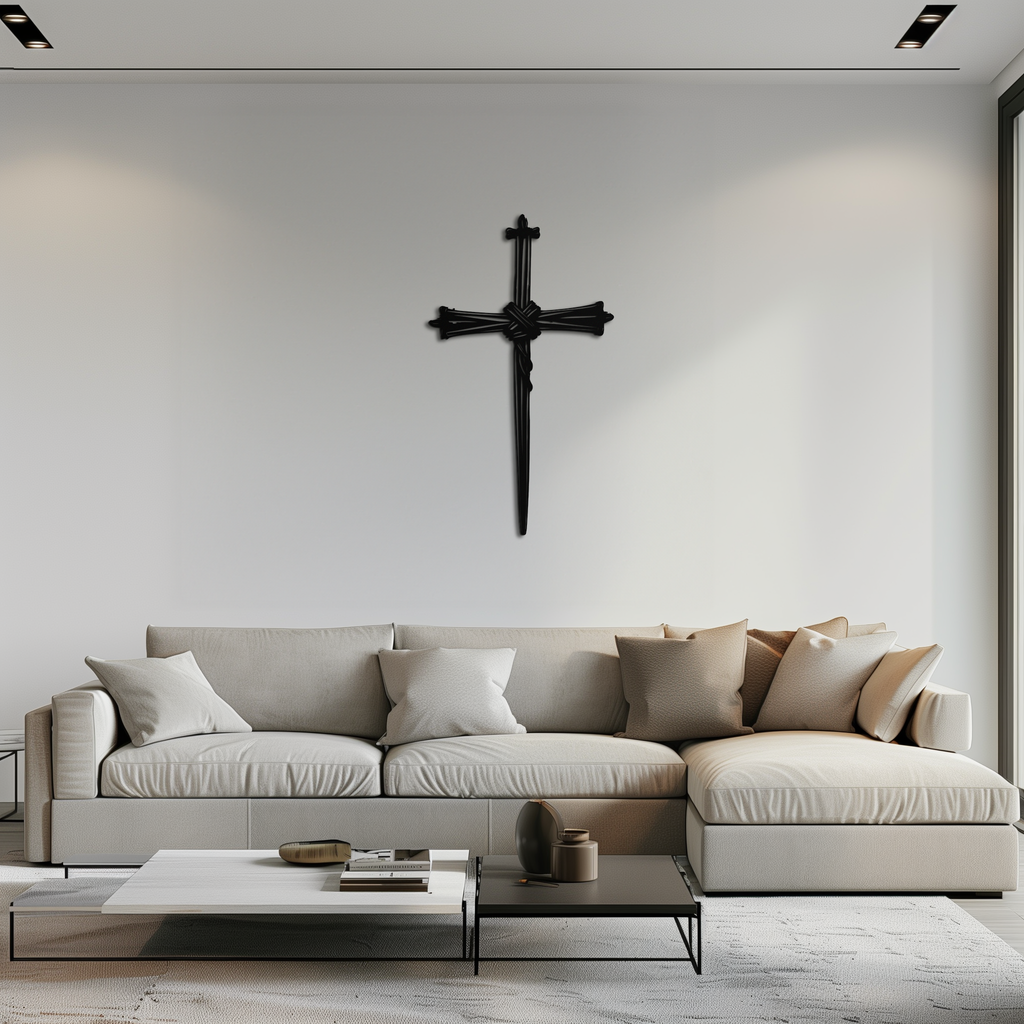 Black barbed wire cross metal wall art, rustic religious home decor