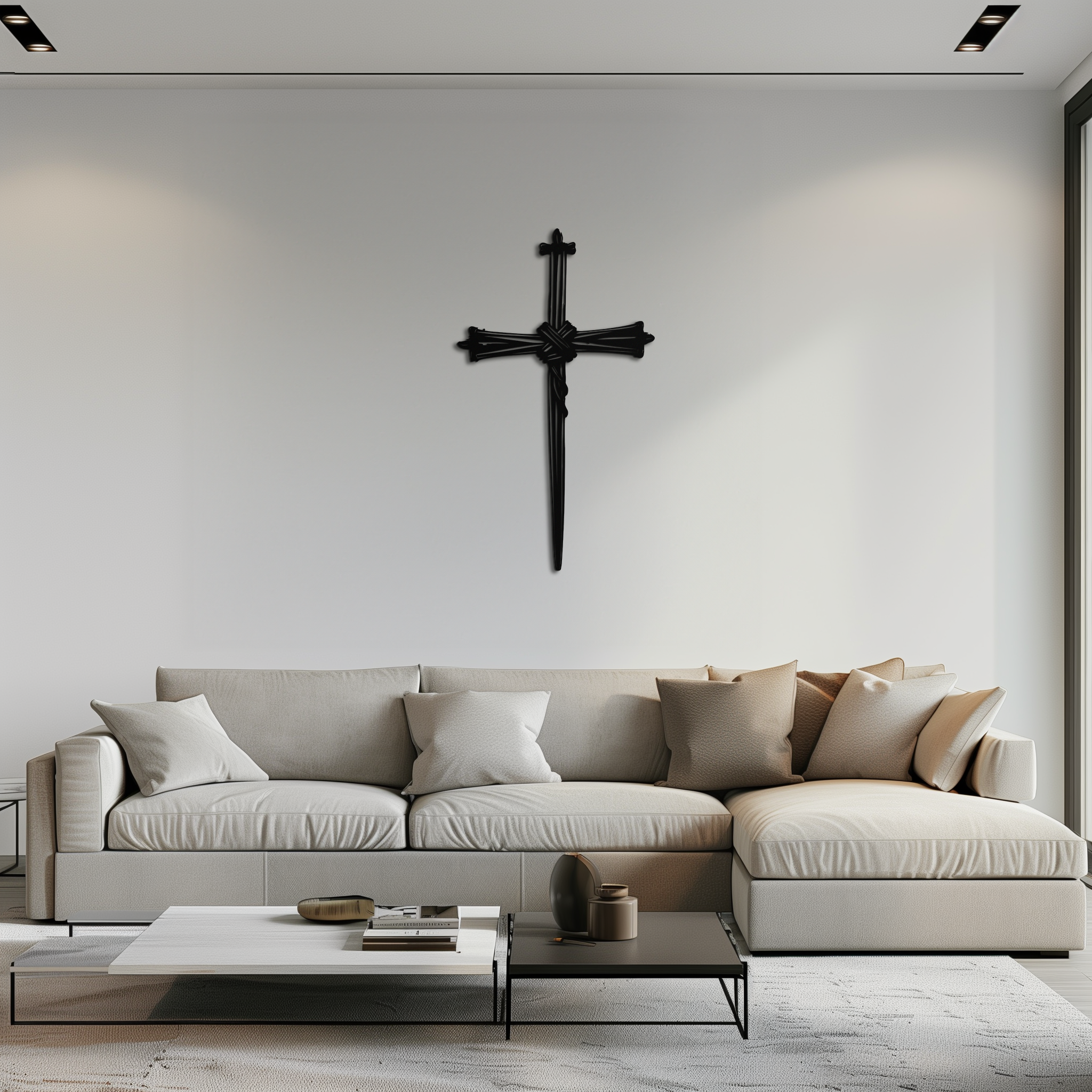 Black barbed wire cross metal wall art, rustic religious home decor