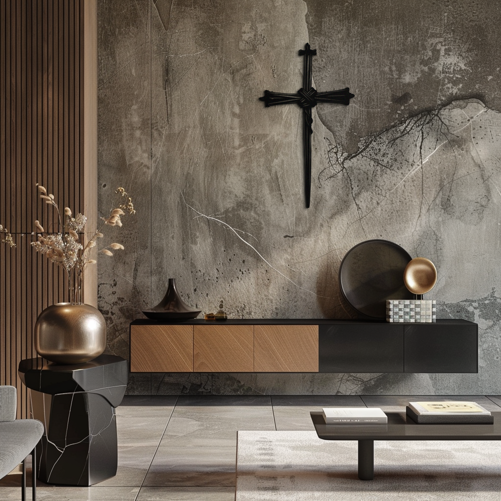 Black barbed wire cross metal wall art on concrete-style wall