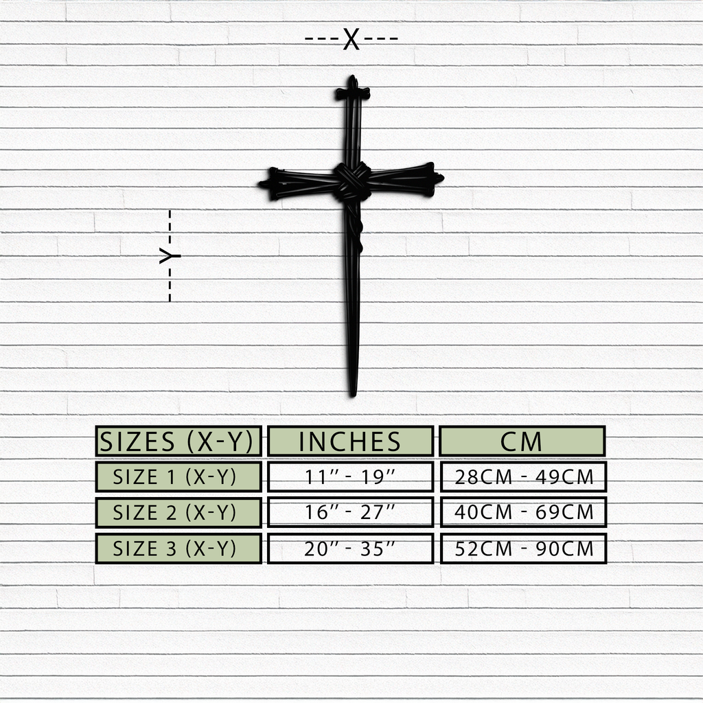 Black metal cross wall art with size guide