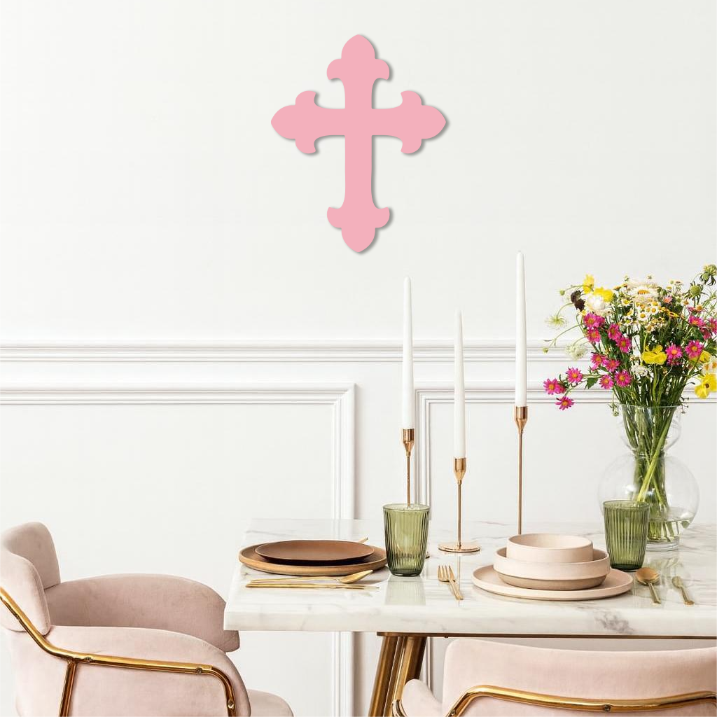 Pink metal cross wall art, four-lobed cross shape