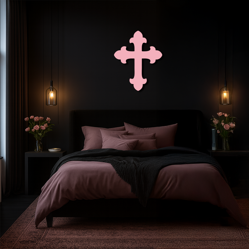 Pink metal cross wall art, centered four-arm design