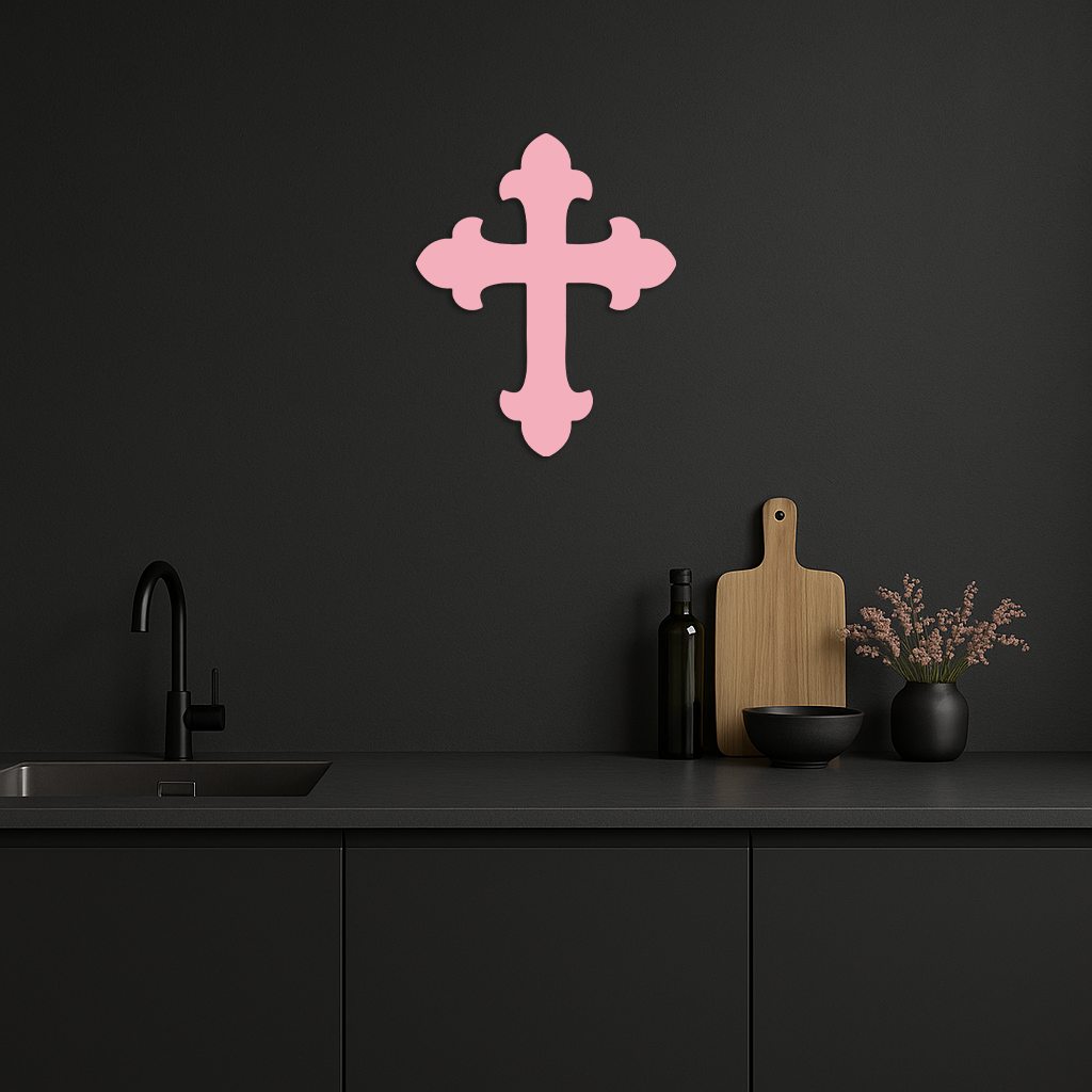 Pink metal cross wall art with rounded cross arms and vertical bar