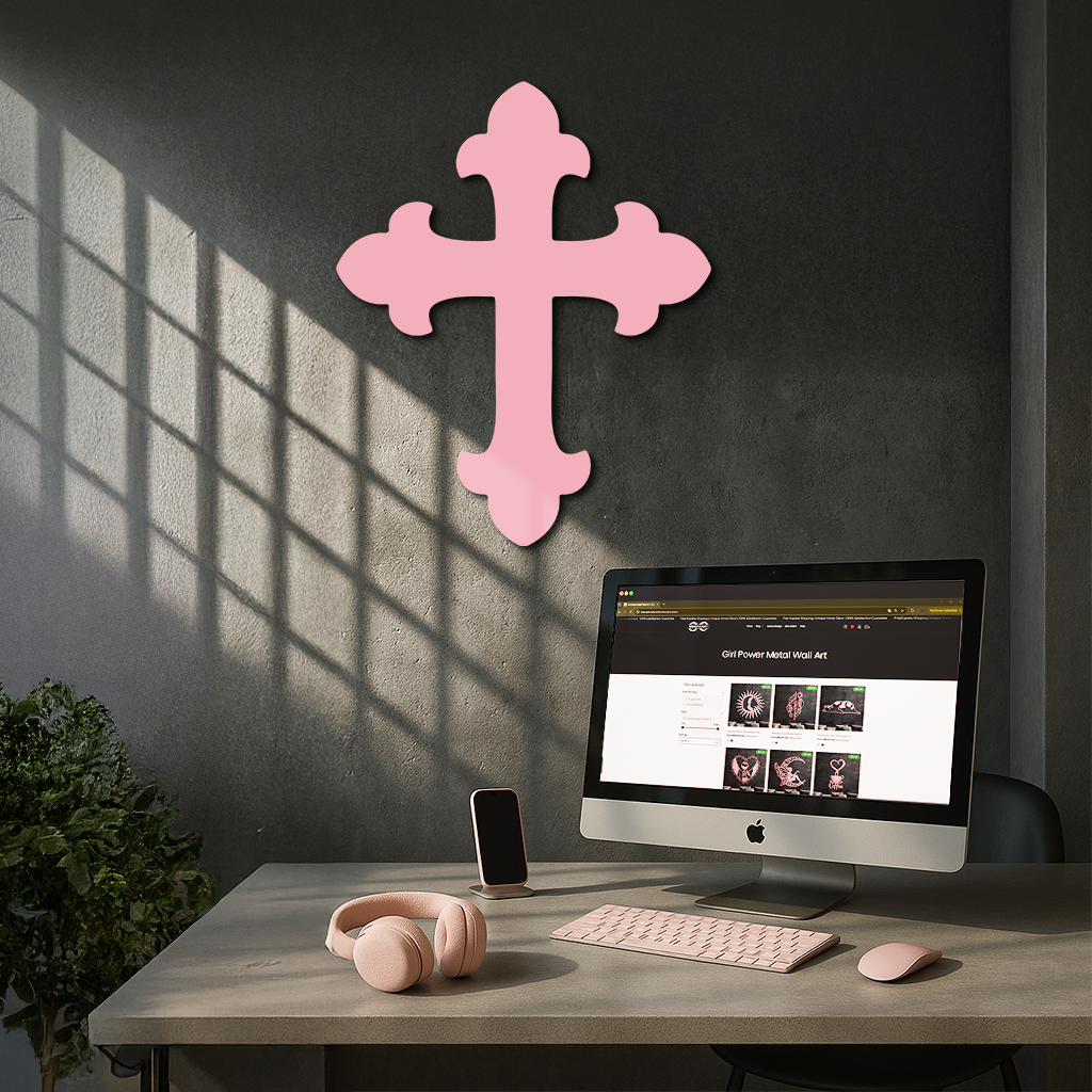 Pink metal cross wall art with curved four-arm silhouette