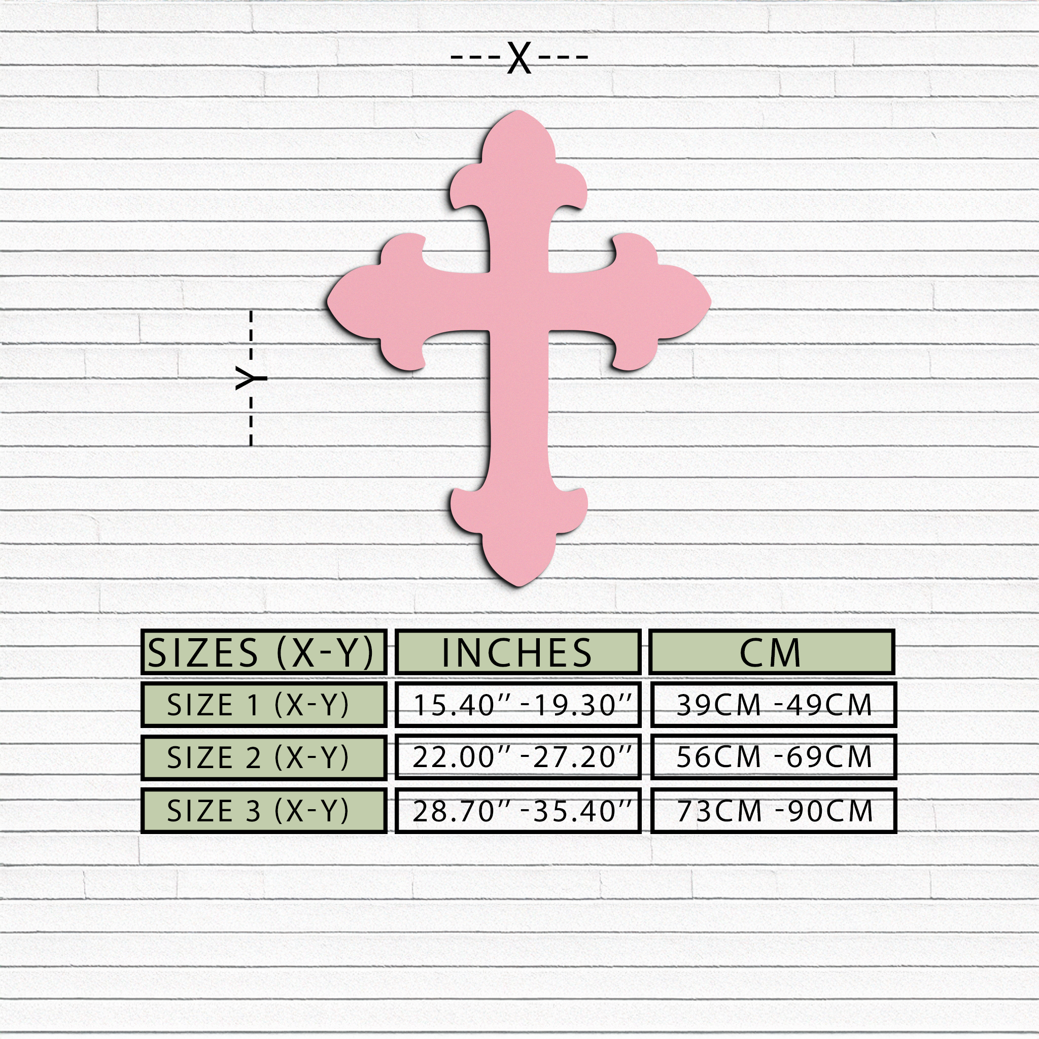 Pink metal cross wall art with measurement guide and size chart.