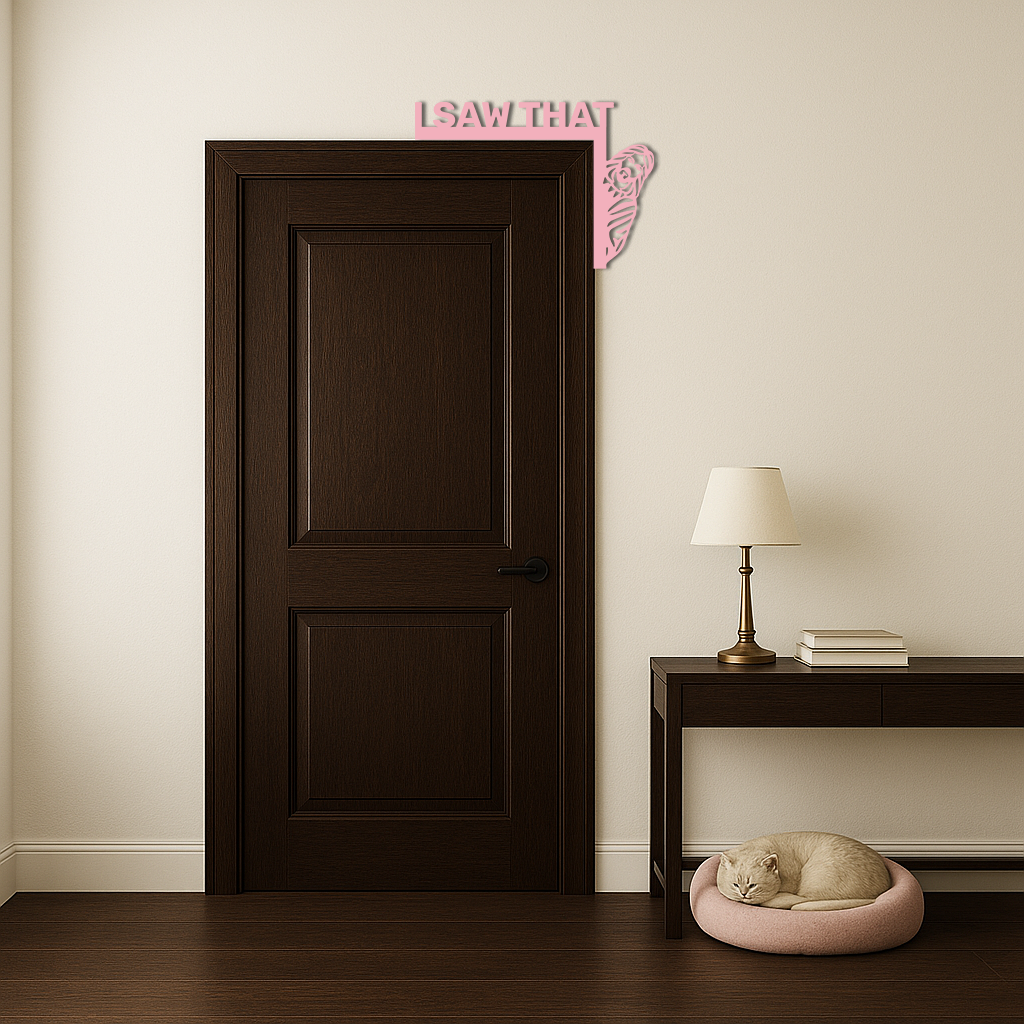 Black corner metal wall art with 'I SAW THAT' text and rose swirl by door