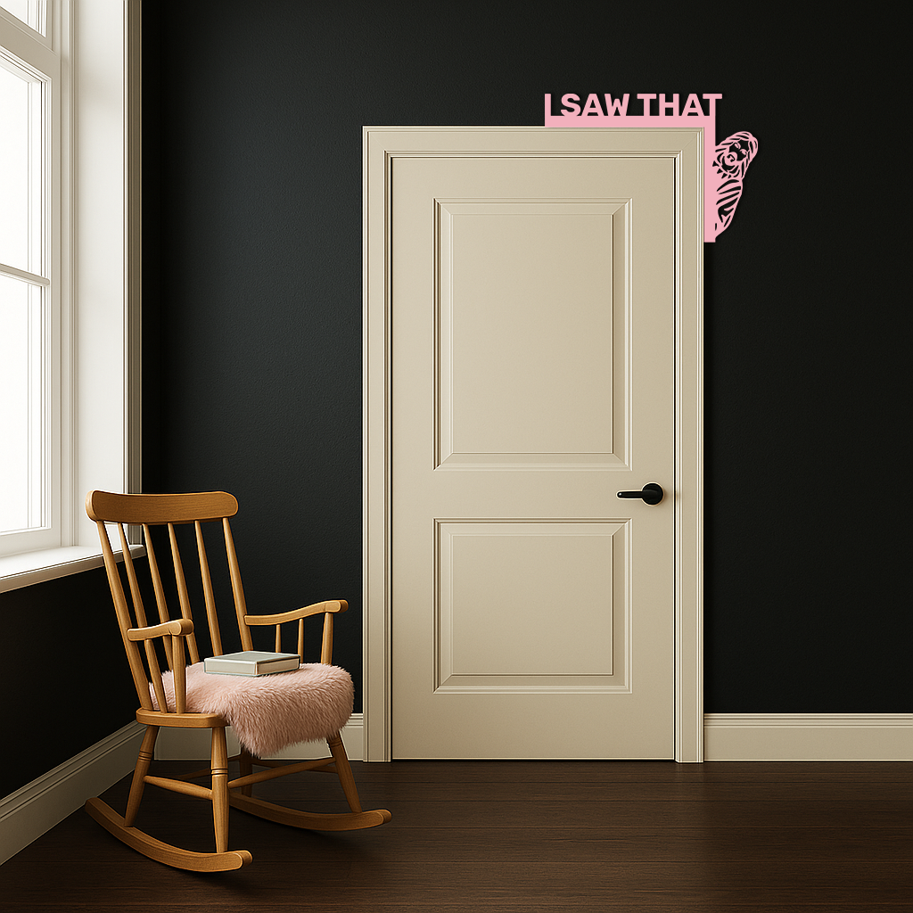Pink corner metal wall art with 'I SAW THAT' text and rose swirl on wall