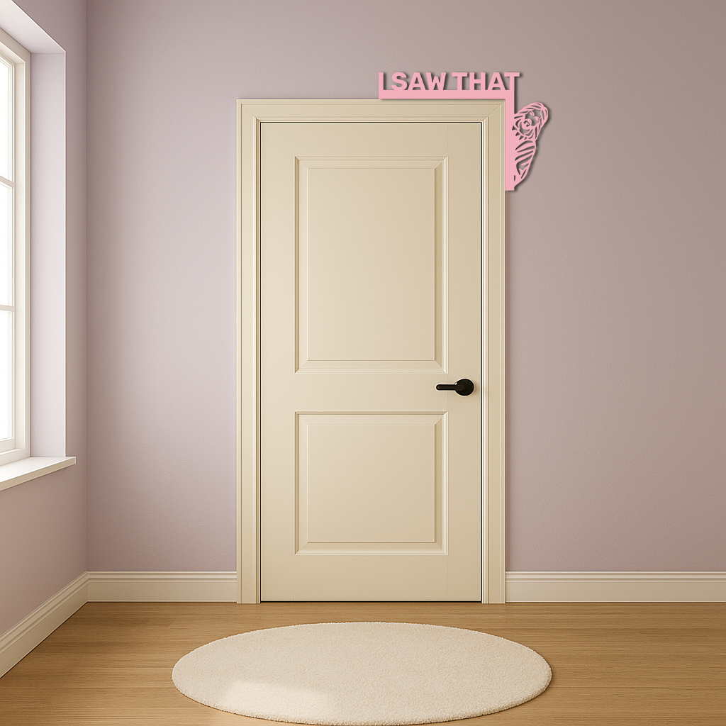 Pink corner metal wall art with 'I SAW THAT' text and rose swirl at door corner