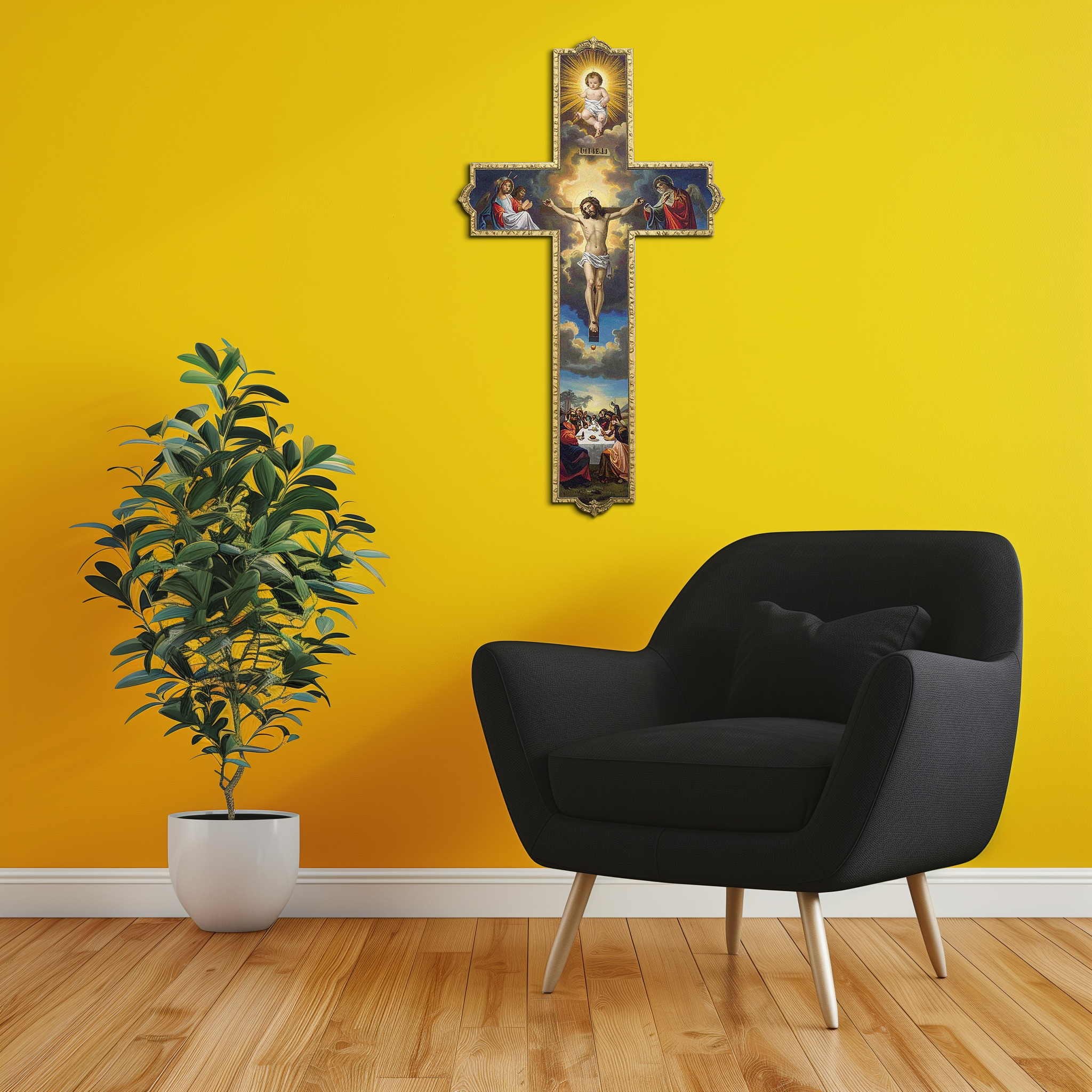 Gold-edged metal Christian wall cross with crucifixion scene and blue sky backdrop