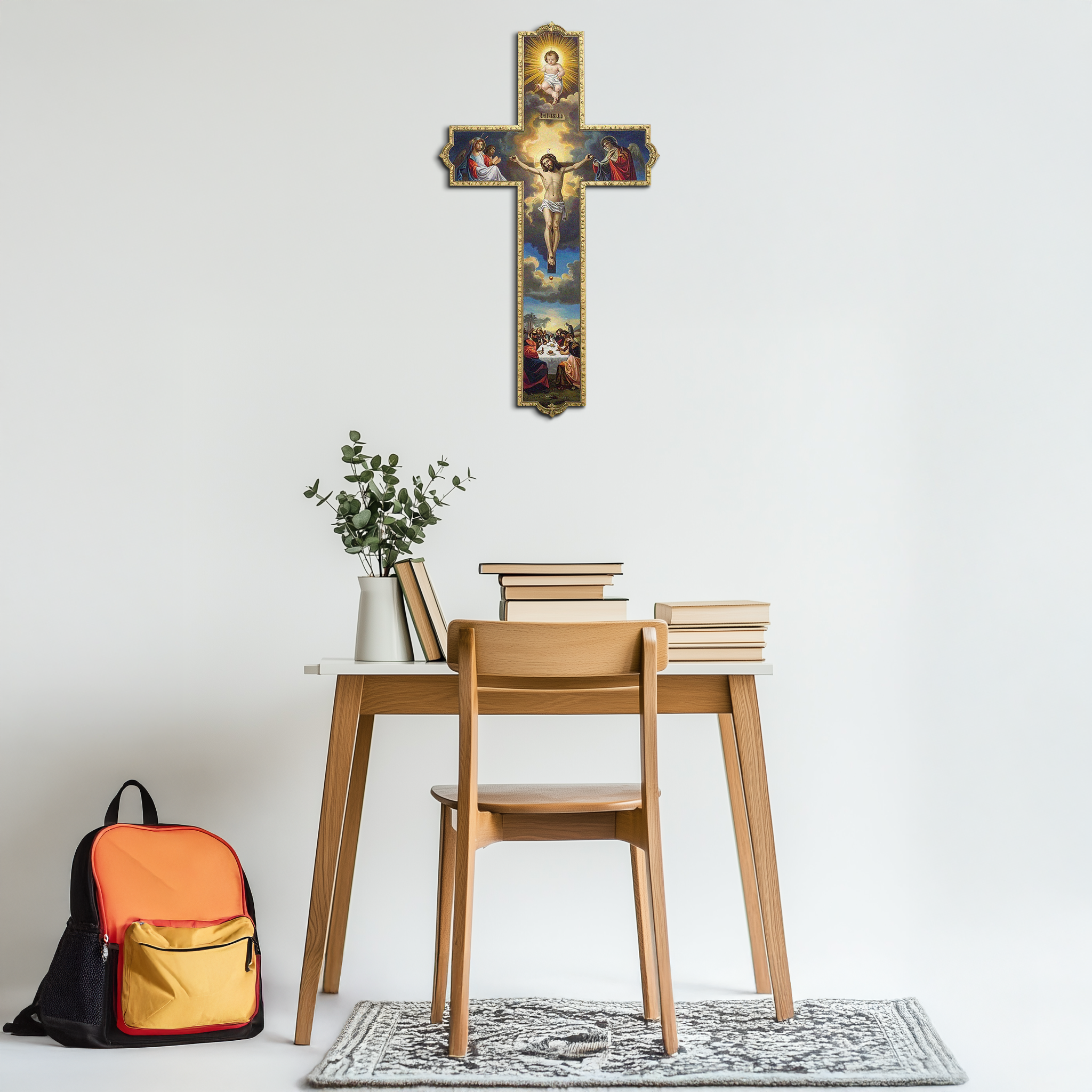 Metal wall cross decoration with crucifixion imagery and ornate gold edge, vertical design