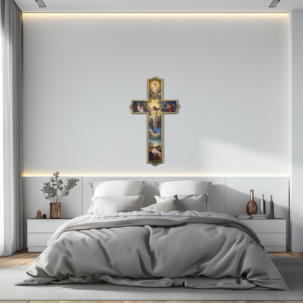 Christian metal wall cross with crucifixion scene, blue landscape details, gold trim