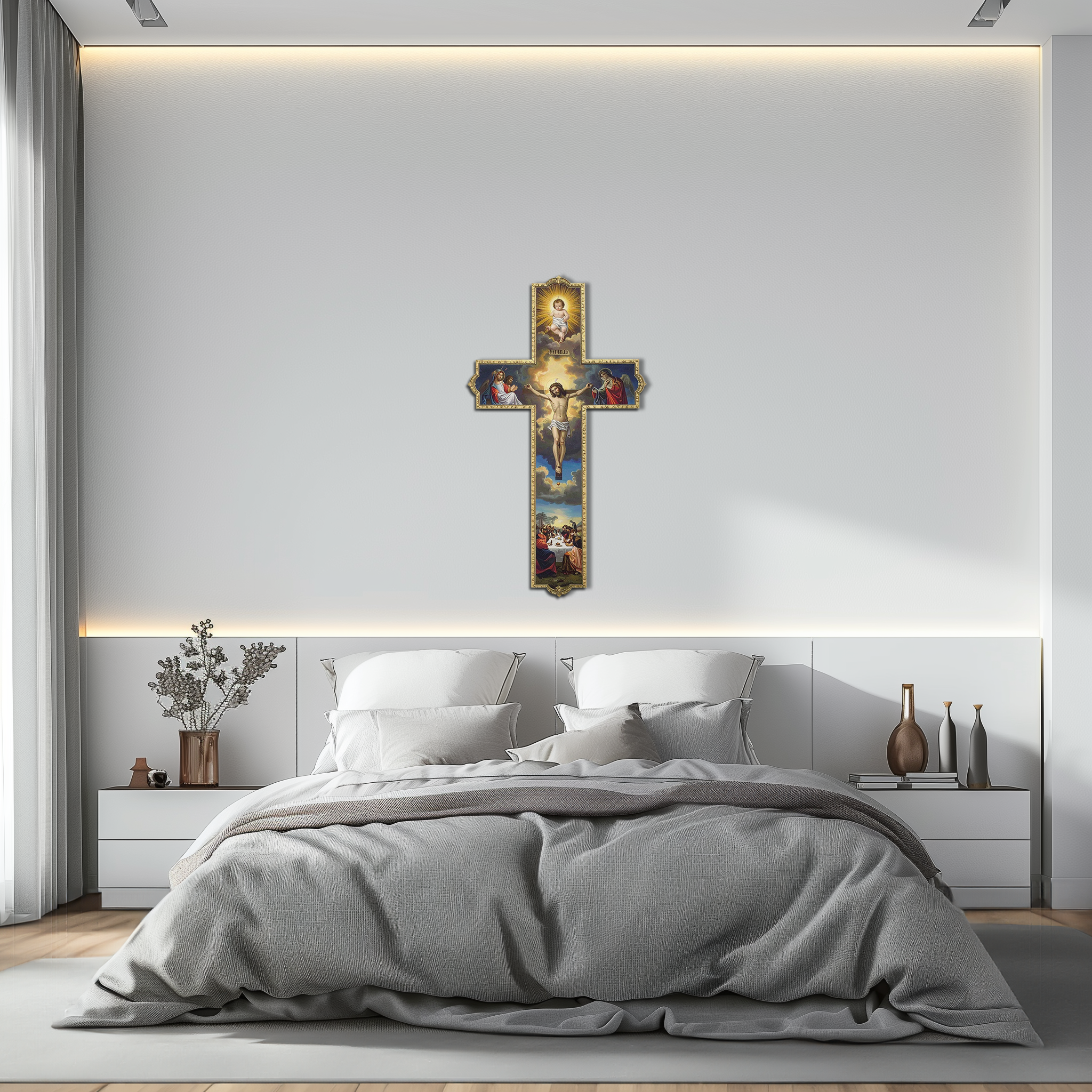 Christian metal wall cross with crucifixion scene, blue landscape details, gold trim