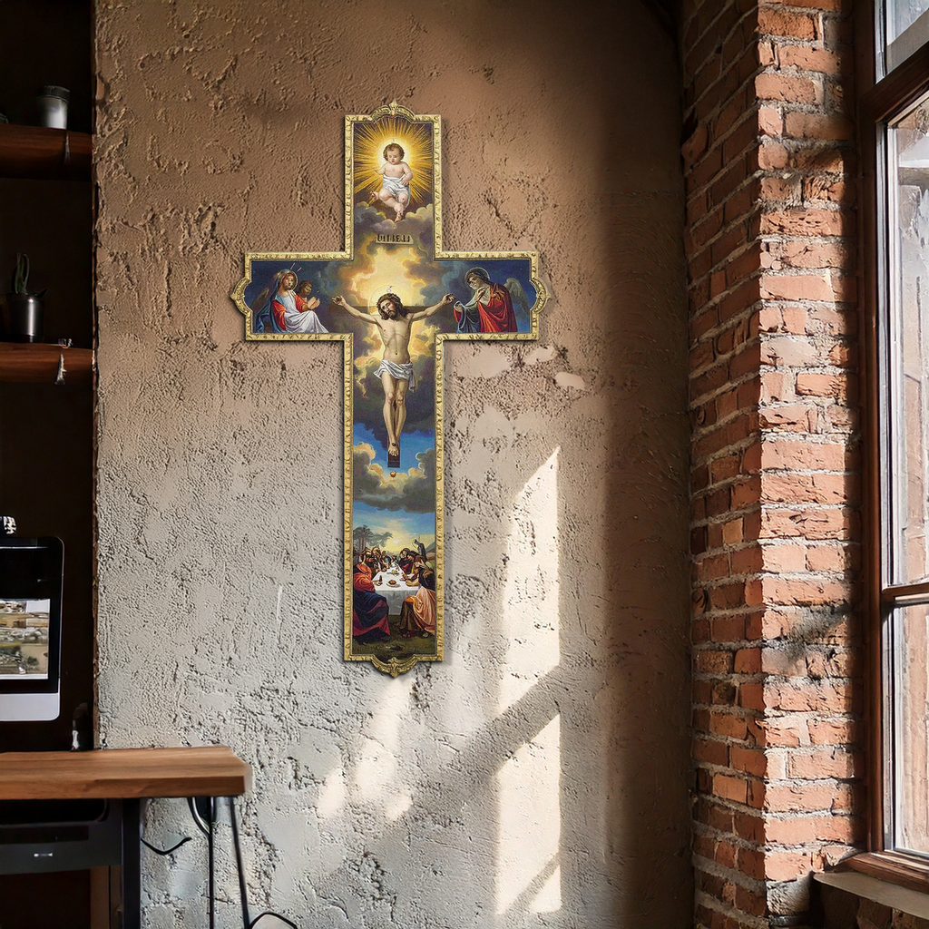 Christian metal wall cross with Jesus figure, blue scene details, and gold frame
