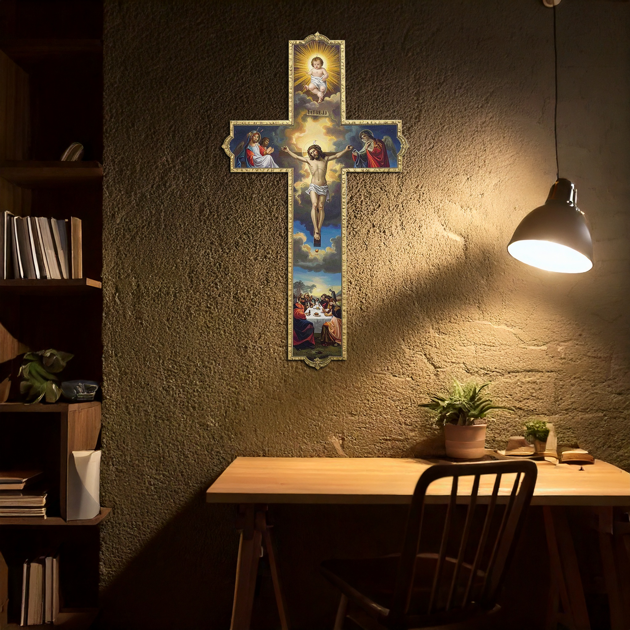 Religious metal cross wall art with Jesus on crucifix, gold border and blue background