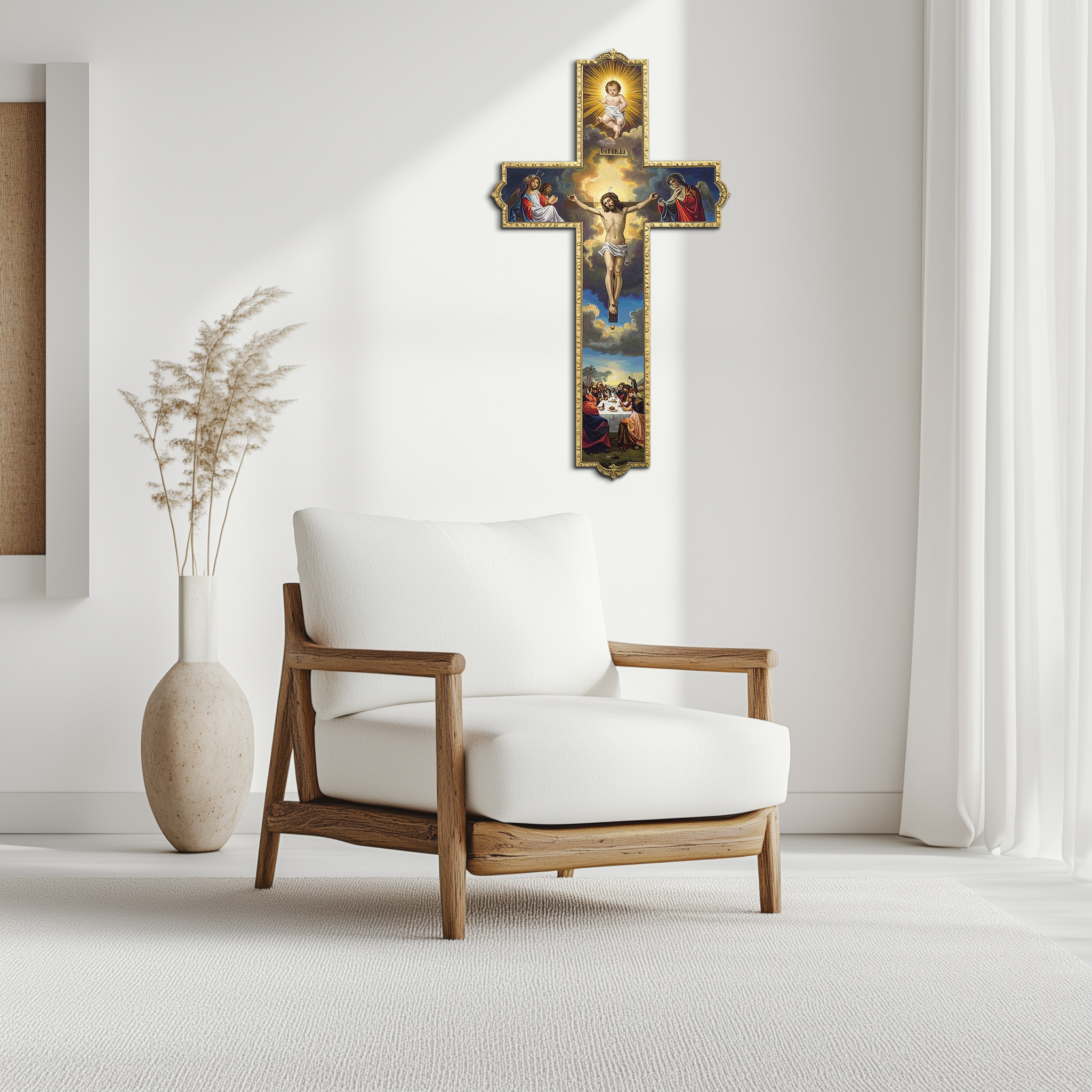 Metal wall cross art with crucifixion scene, blue landscape panels, and gold border