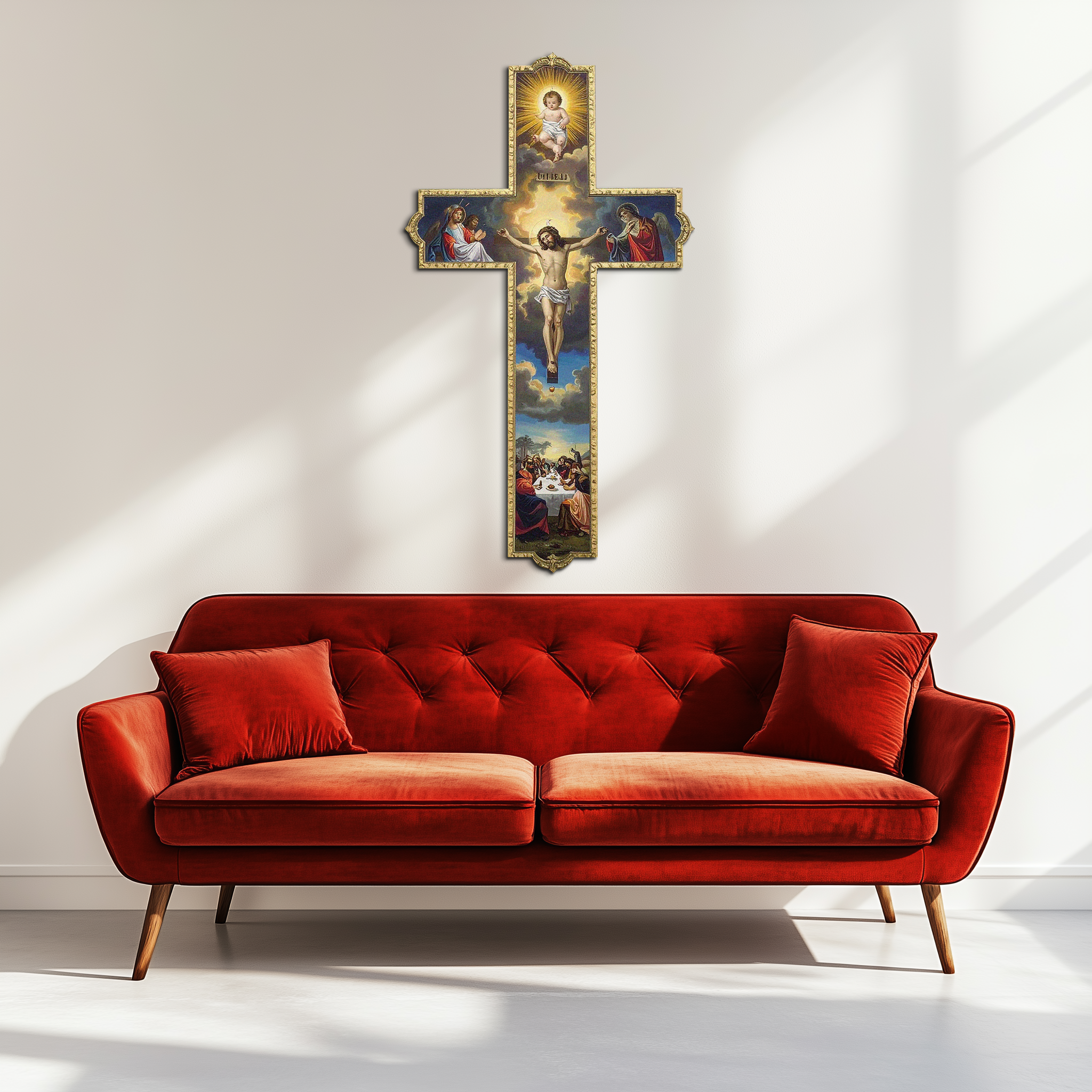 Metal wall cross art with crucifixion scene and gold frame, religious wall decor