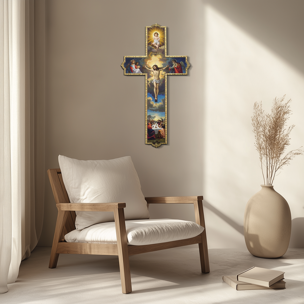 Religious metal cross wall art with Jesus figure, blue sky scene, and gold border