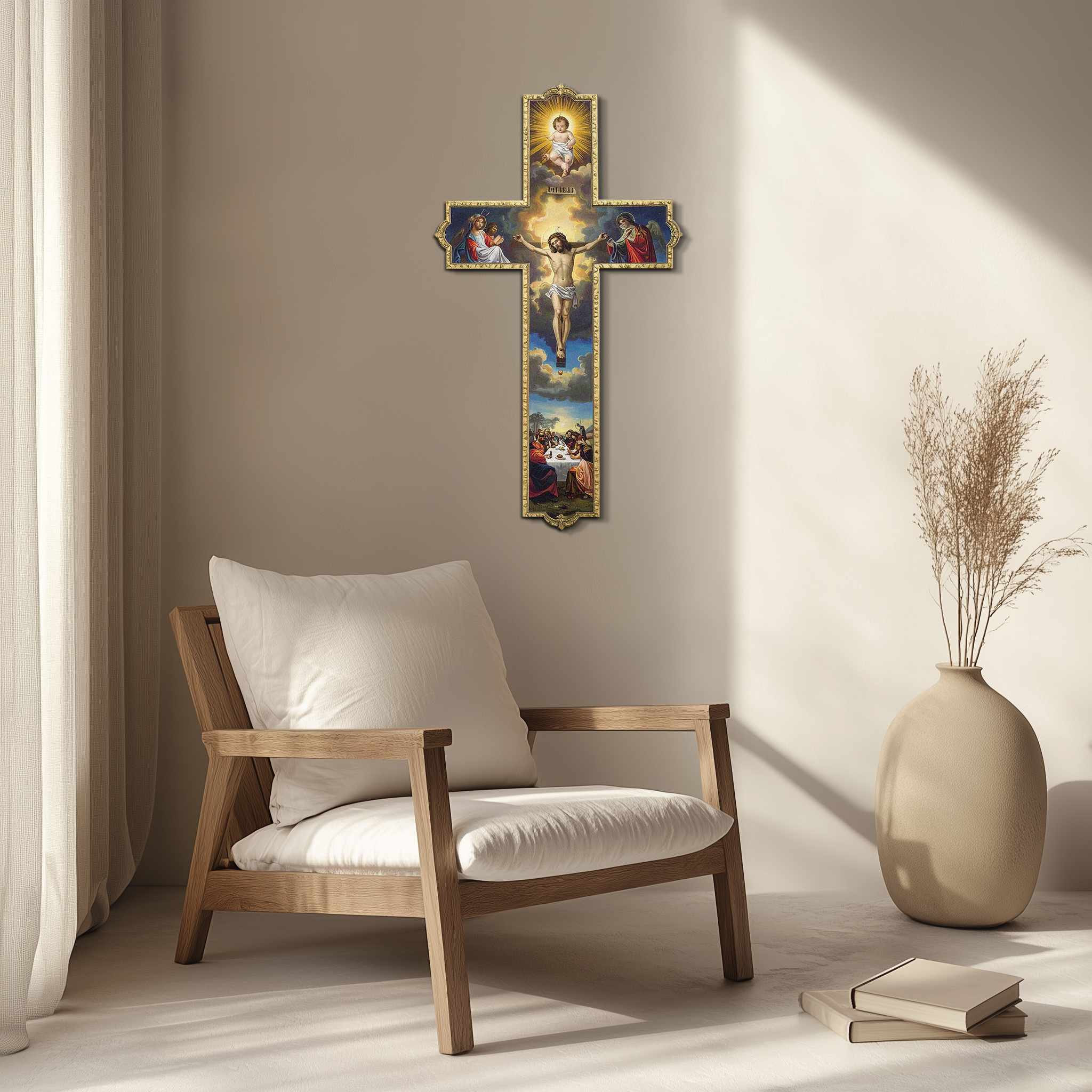 Religious metal cross wall art with Jesus figure, blue sky scene, and gold border