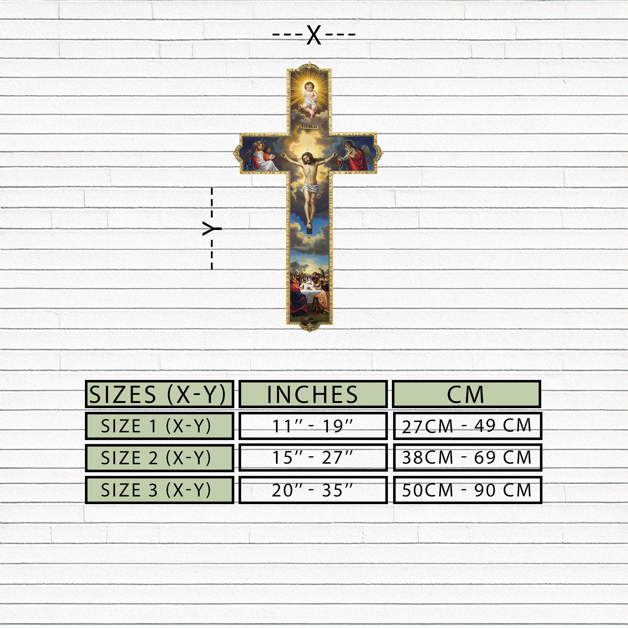 Metal cross wall art shown with size chart on a lined background, gold framed center