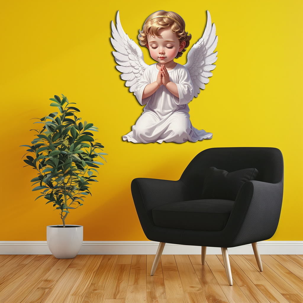 Praying baby angel metal wall art, white robe, gold hair, spread wings