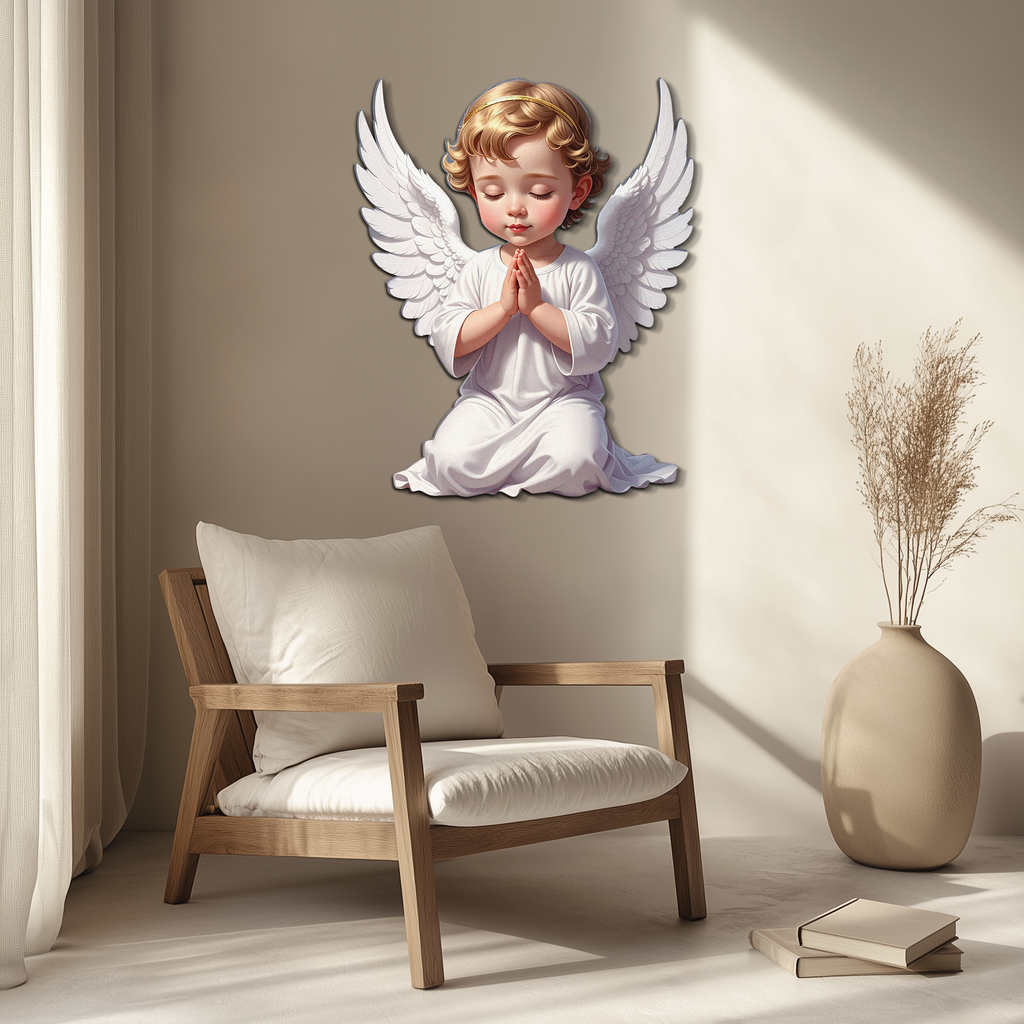 Praying baby angel metal wall art, kneeling figure in white robe, gold hair, raised prayer hands
