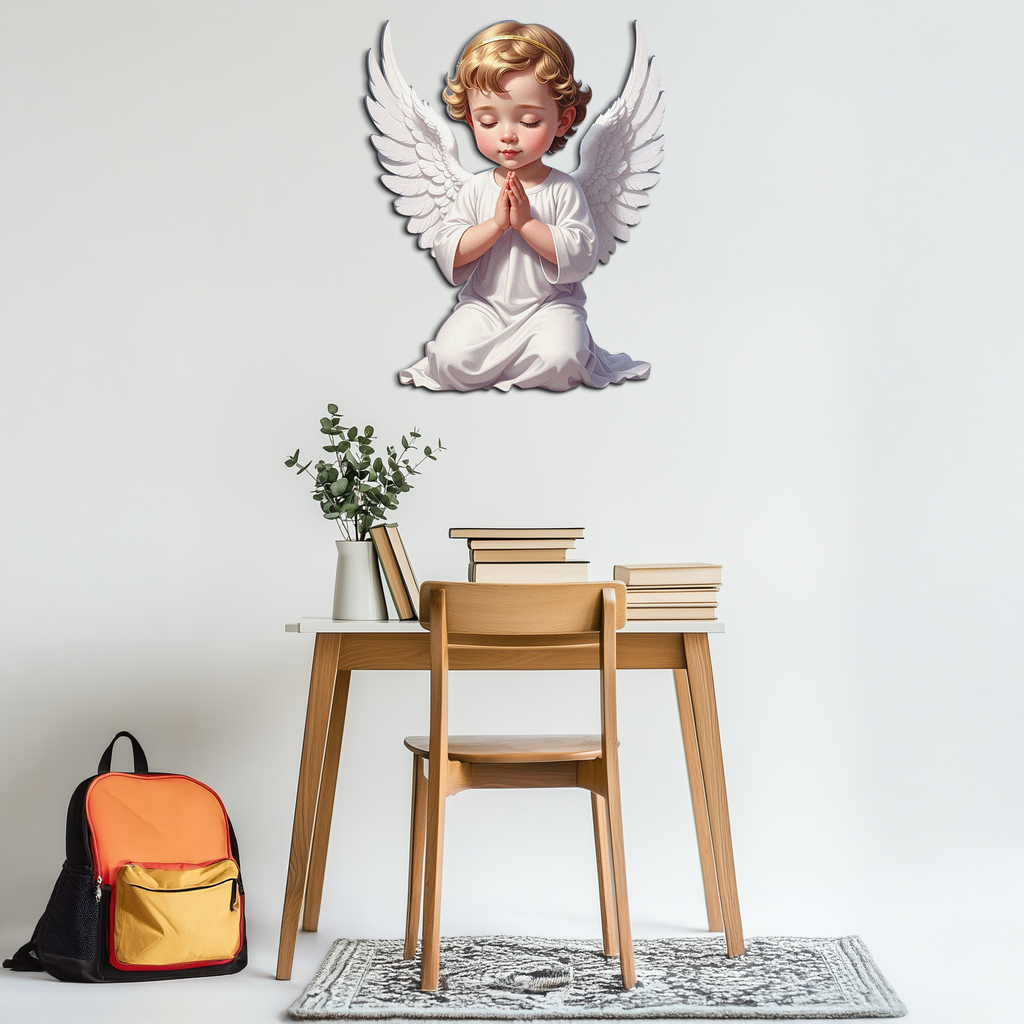 Praying baby angel metal wall art, white wings and robe, gold curly hair, hands together