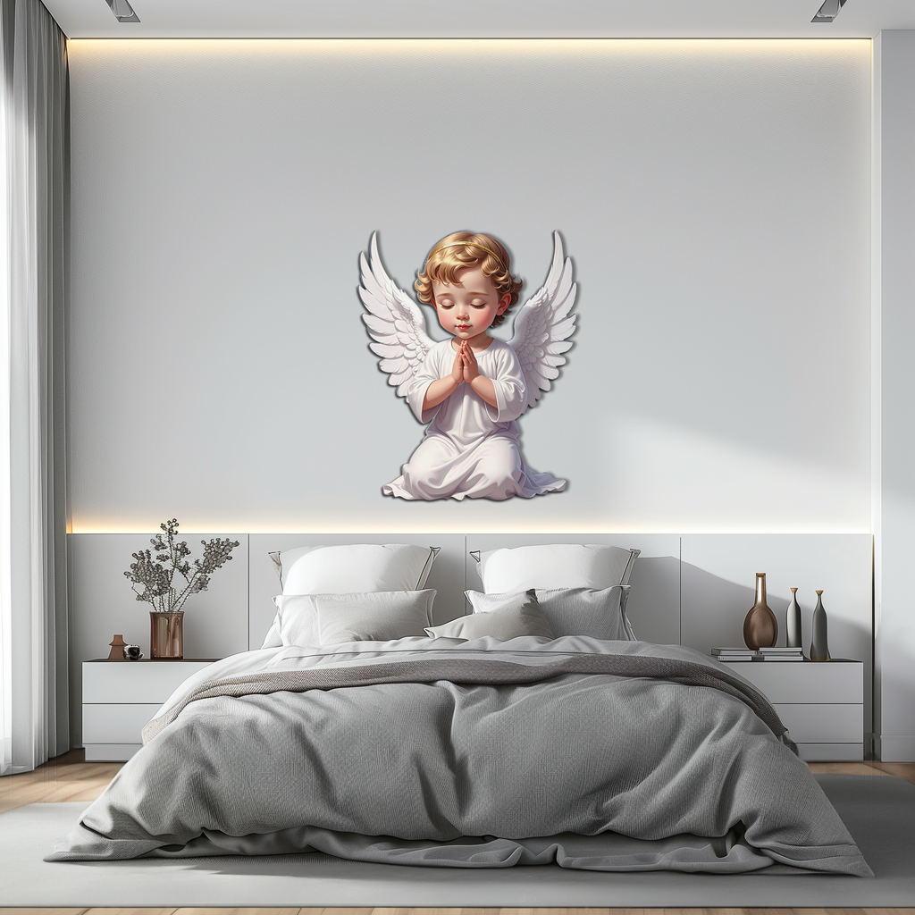 Praying baby angel metal wall art, small kneeling angel with white wings, gold hair, clasped hands