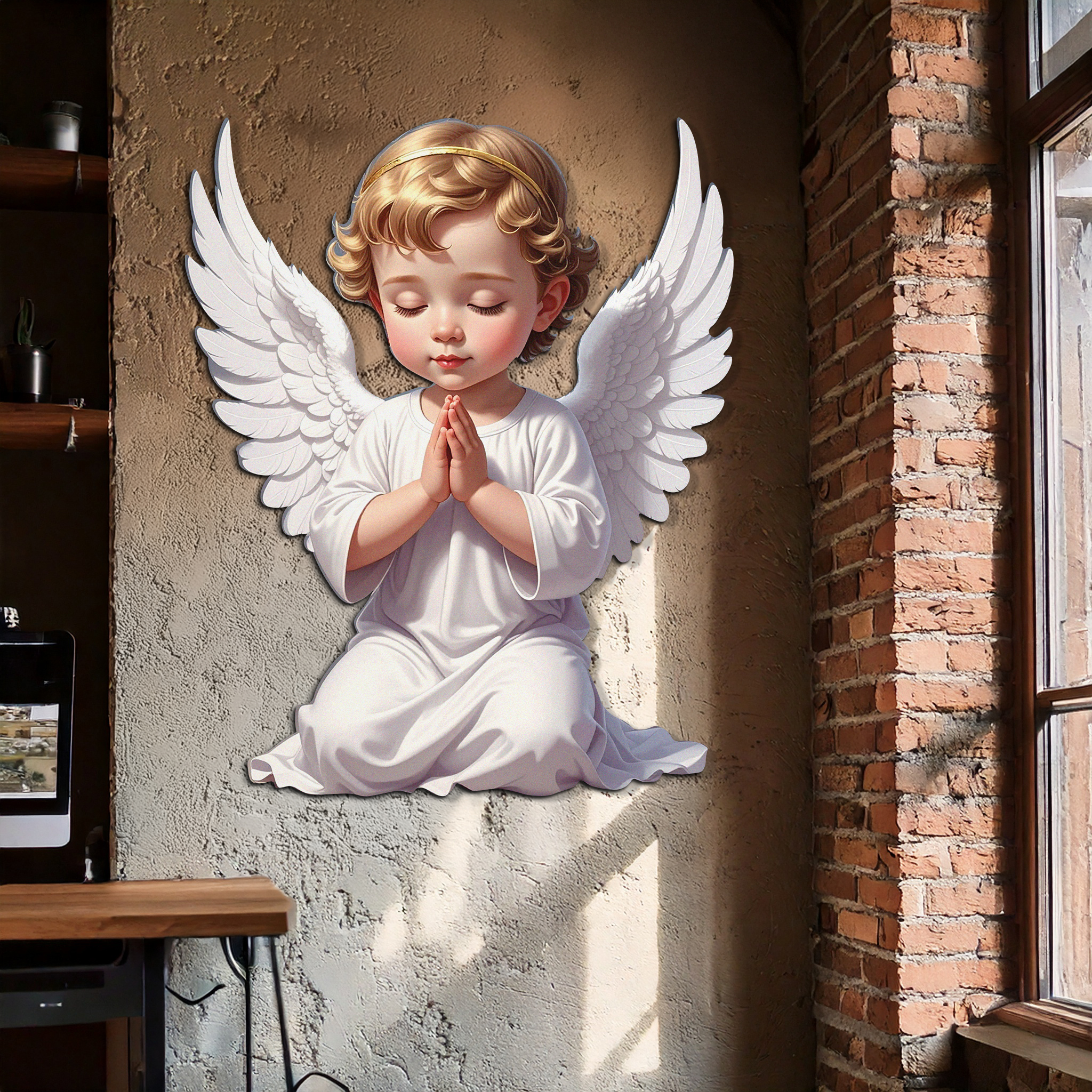 Praying baby angel metal wall art with white wings and robe, clasped hands, gold hair