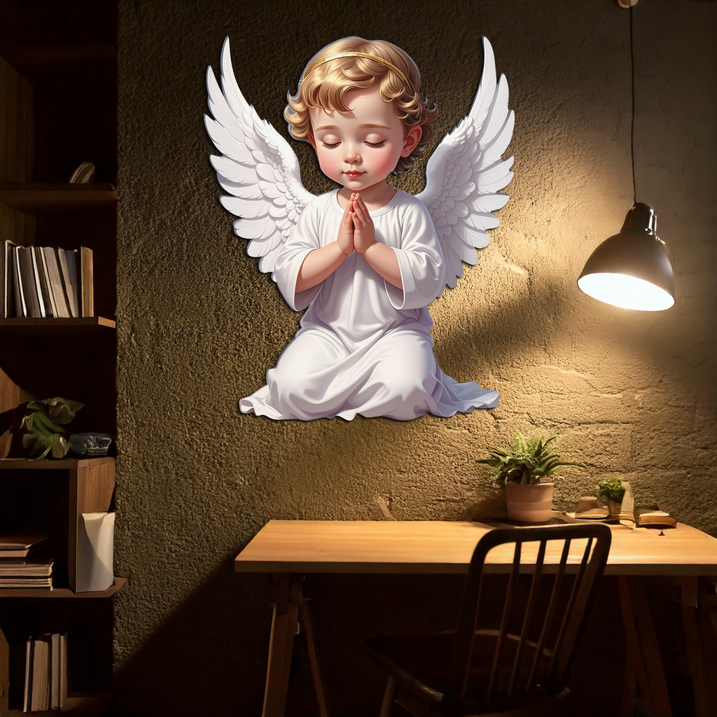 Praying baby angel metal wall art, kneeling angel in white robe with large wings, gold hair