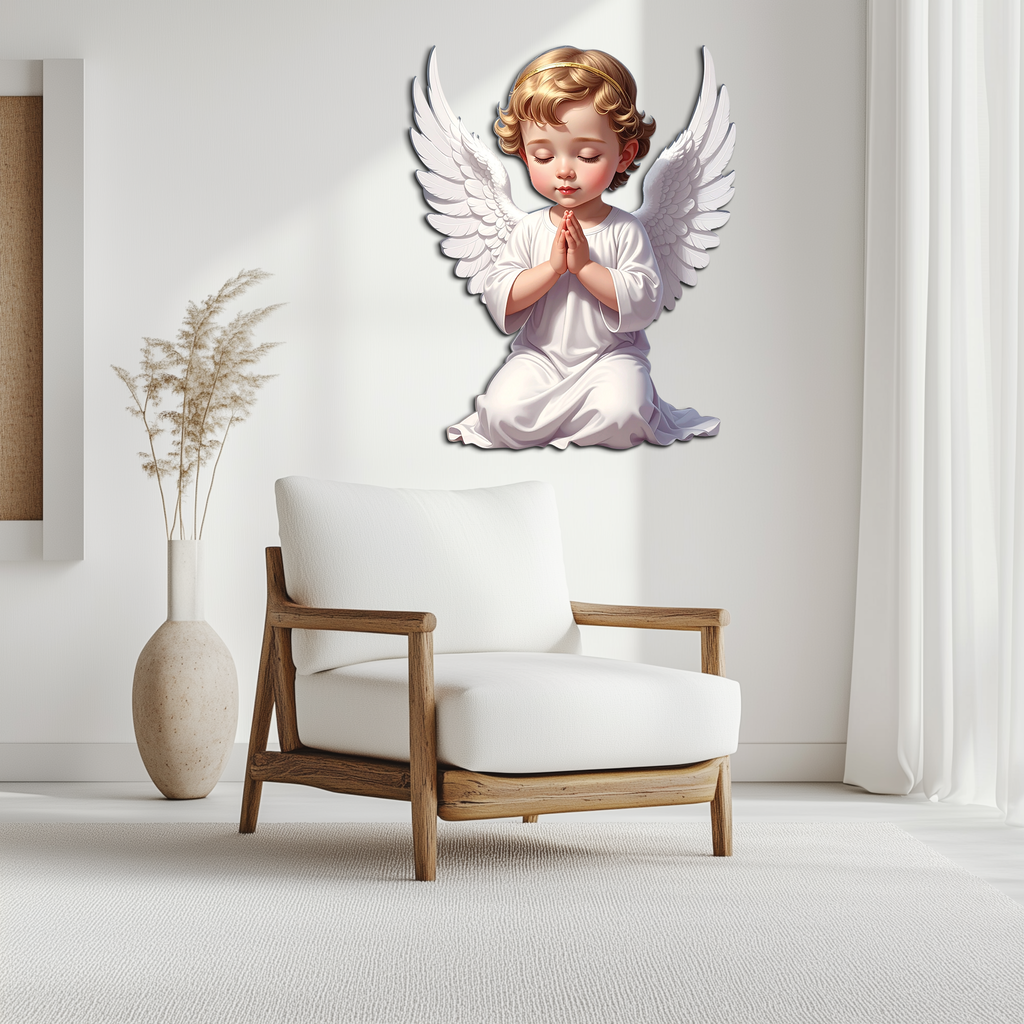 Praying baby angel metal wall art, white winged kneeling figure, gold hair, hands in prayer