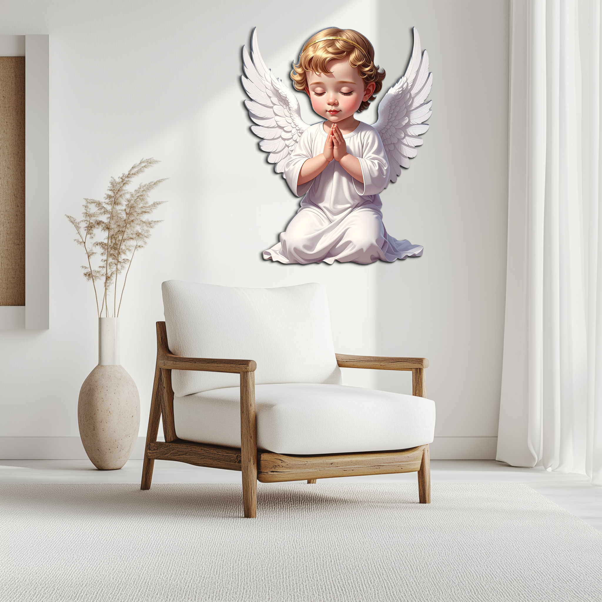 Praying baby angel metal wall art, white winged kneeling figure, gold hair, hands in prayer