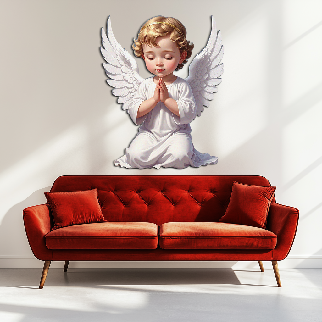 Praying baby angel metal wall art, white robe and wings, gold hair, kneeling with hands together