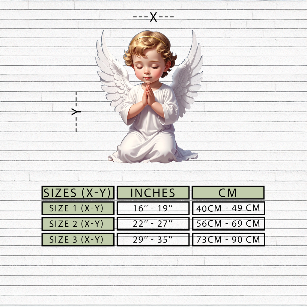 Praying baby angel metal wall art with size chart for X–Y inches and cm