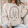 Cream crewneck sweatshirt with olive tree emblem and “The House of God” Psalm text