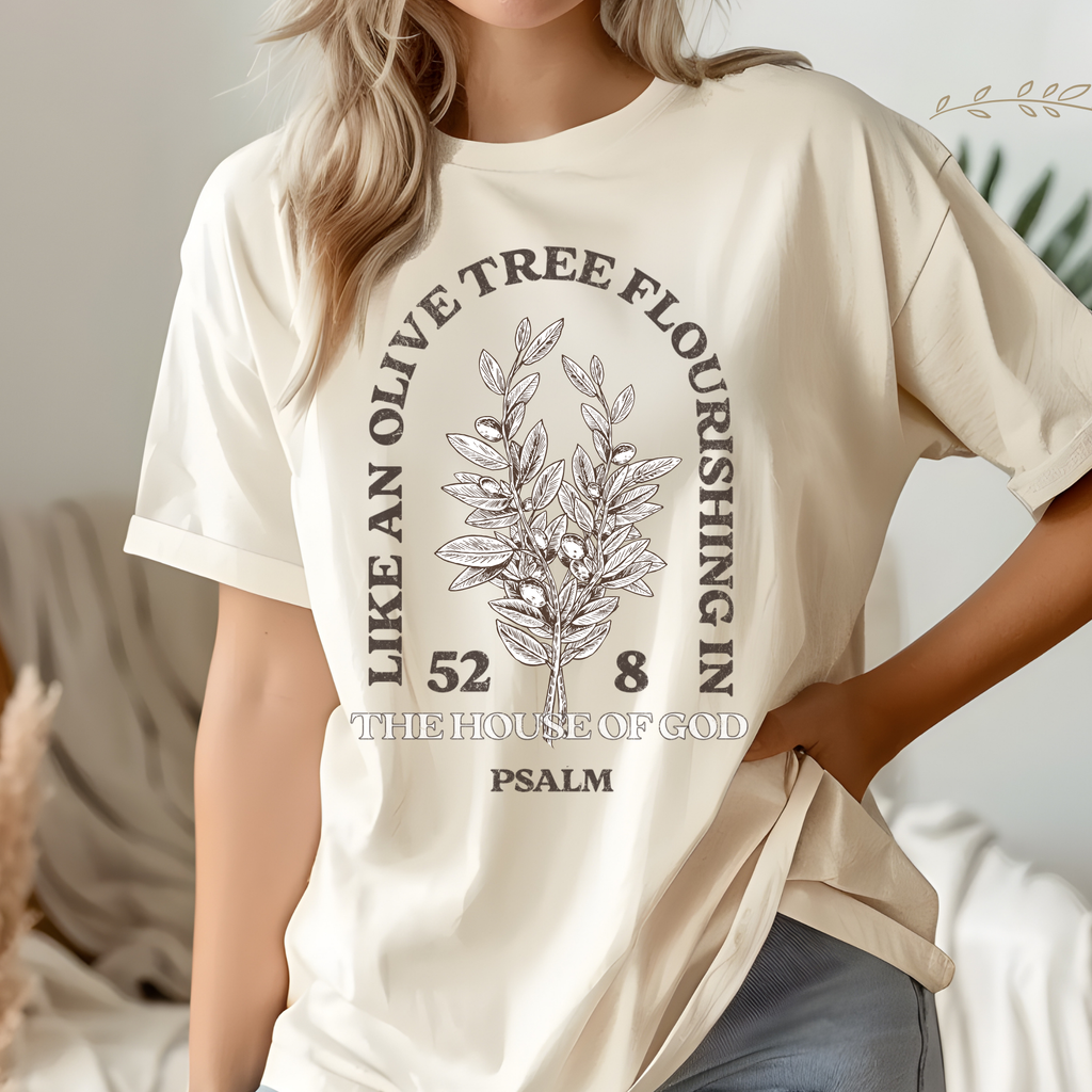 Cream crewneck sweatshirt with olive tree graphic front and Psalm 52:8 text