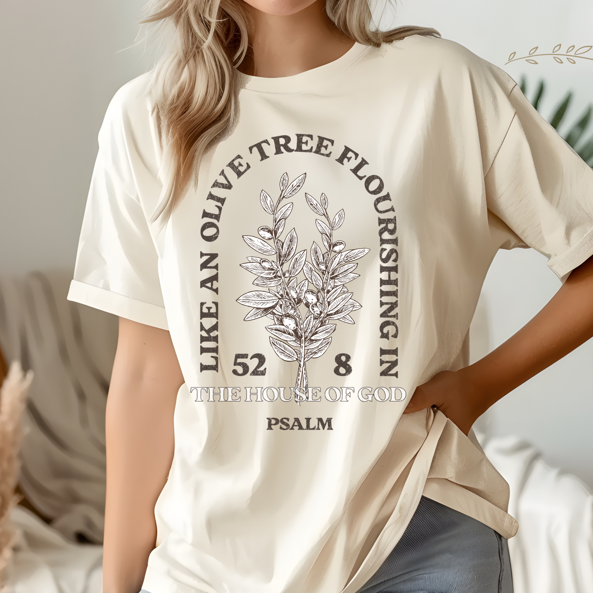 Cream crewneck sweatshirt with olive tree graphic front and Psalm 52:8 text