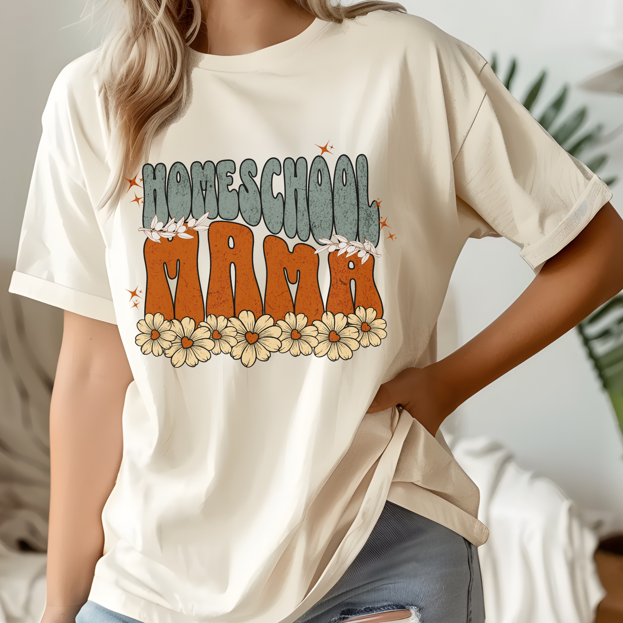 Cream crewneck T-shirt with homeschool schoolhouse and flowers graphic