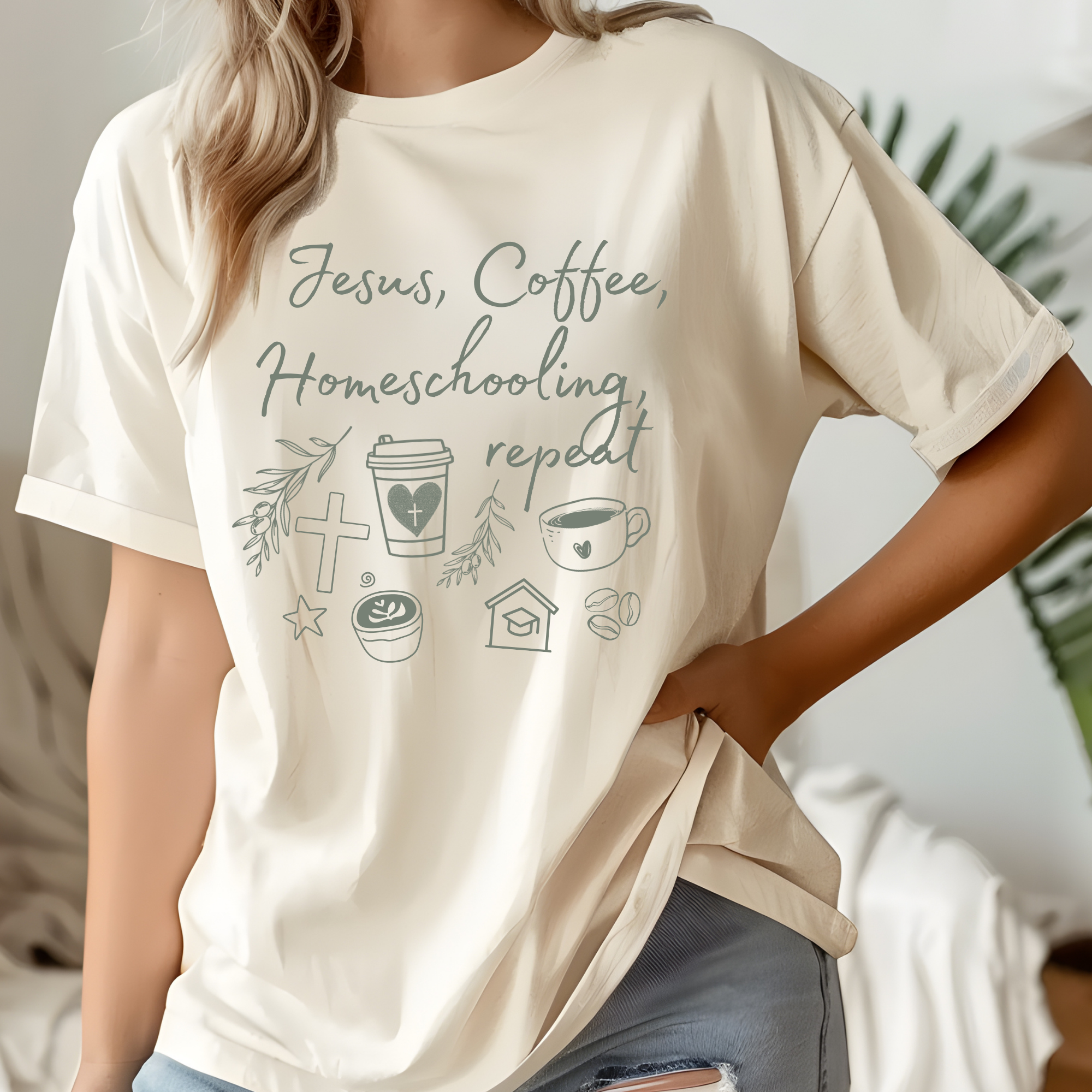Cream short-sleeve T-shirt with green Jesus Coffee homeschooling print