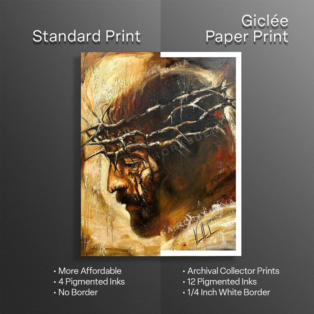 Two side-by-side wall print previews: warm portrait artwork with white borders