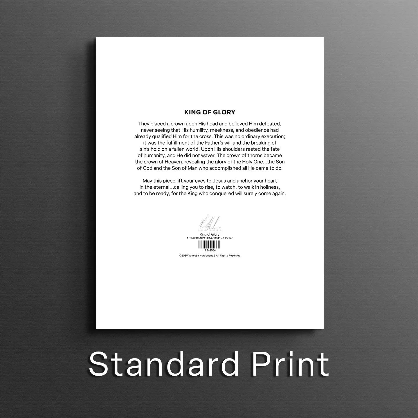 Back of a wall print on a white sheet with a small centered label area